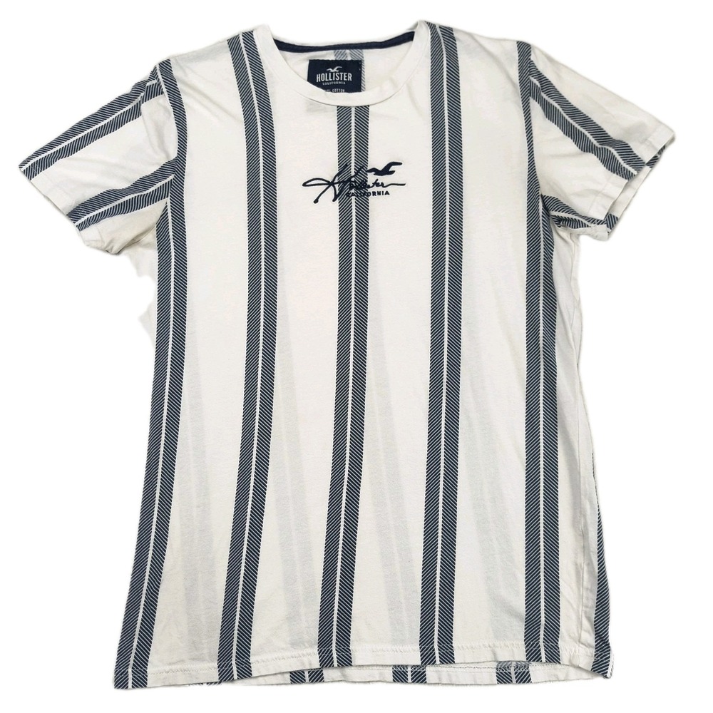 Hollister Mens‎ Graphic T-Shirt Medium White Navy Blue Striped Cotton California